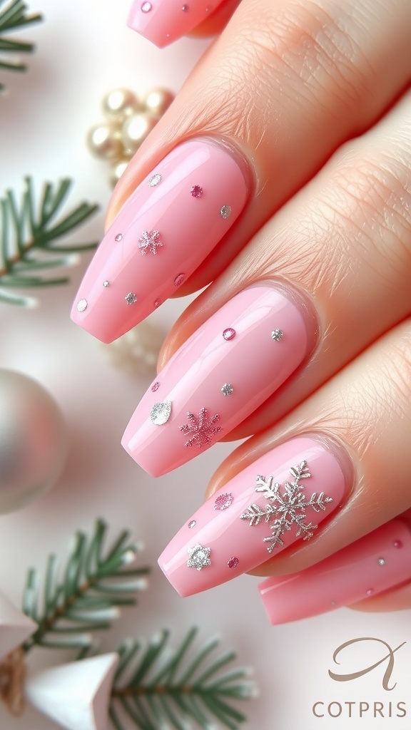 Close-up of pink Christmas nails with festive designs and glitter accents.